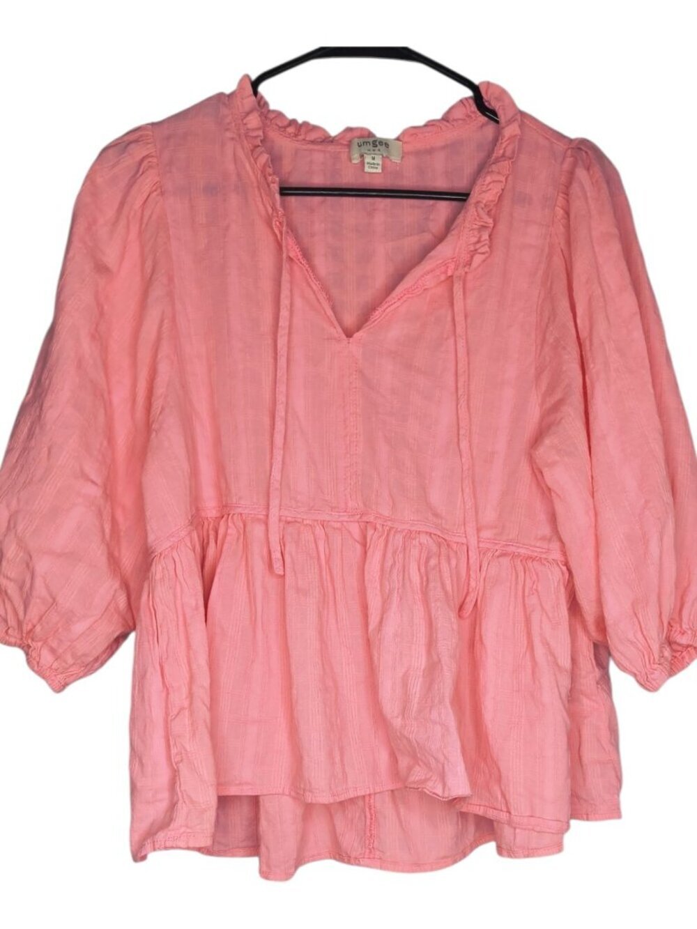 Umgee Pink Babydoll Blouse Boho Ruffled Split Long Sleeve Women's Size Medium - Picture 1 of 12